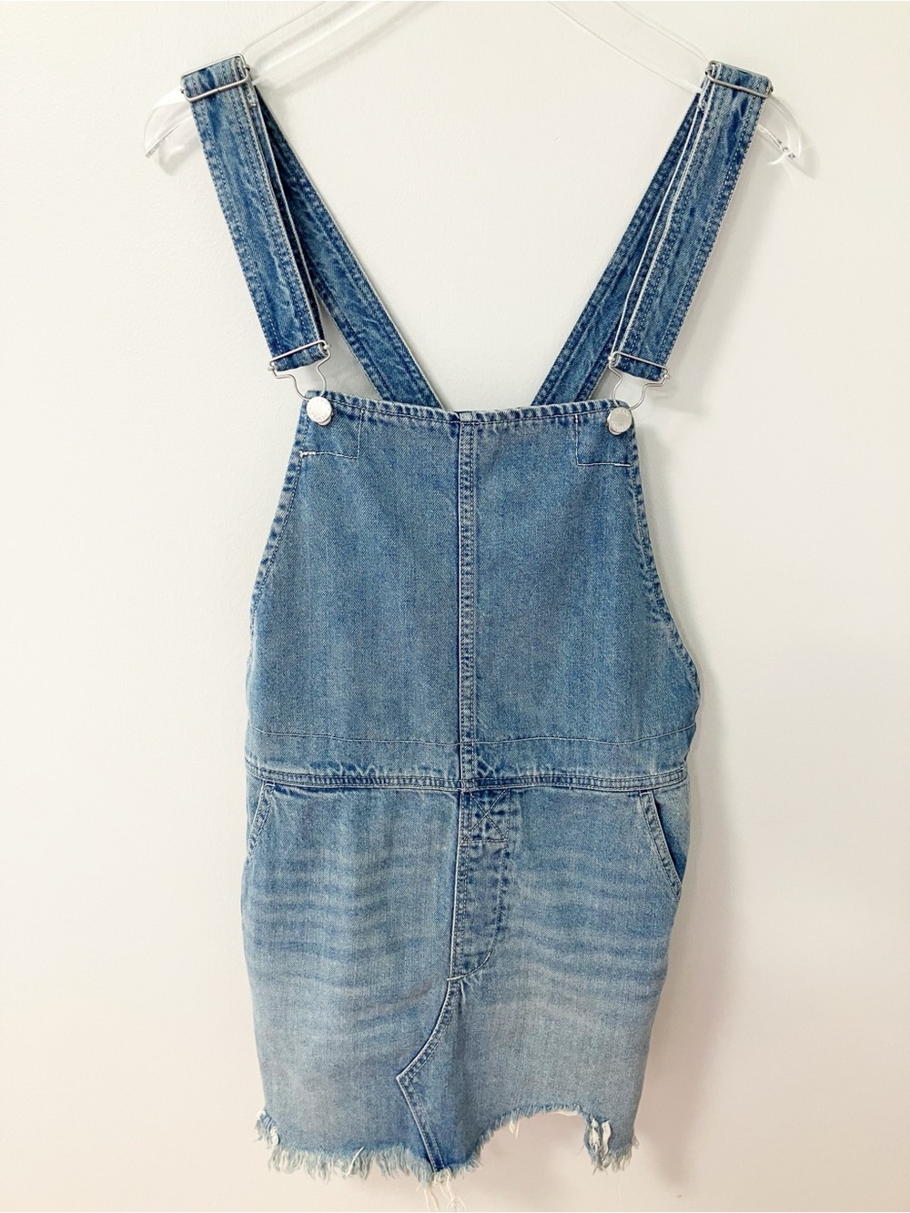 Free People | Blue Distressed Denim Overalls Skirt Dress 8 Boho Casual Summer
